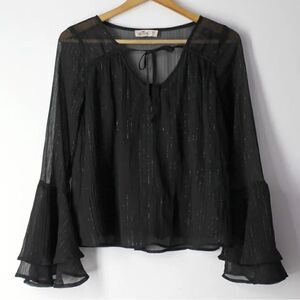 Hollister XS Black Metallic lurex stripes chiffon bell sleeve flowy top blouse